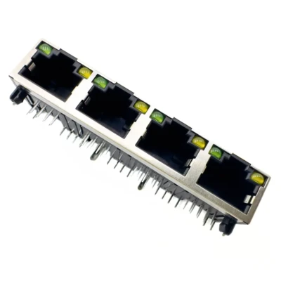 1x4 Multi-Port RJ45 Jack | Non-Magnetic,THT,Shielded,with LED | 8P8C Right Angle | Low profile DW-RJ45-D00433-03TP