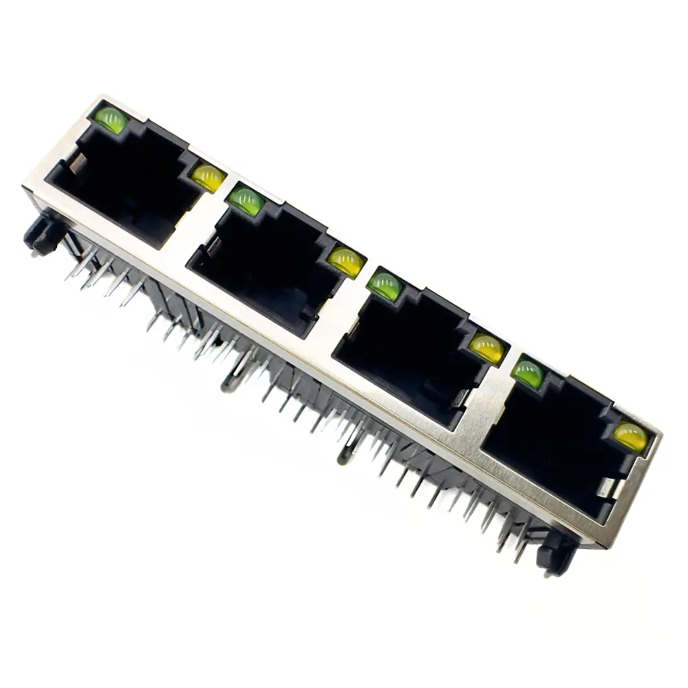 1×4 Multi-Port RJ45 Connectors,THT,Shielded,W/LED,8P8C R/A,Low profile