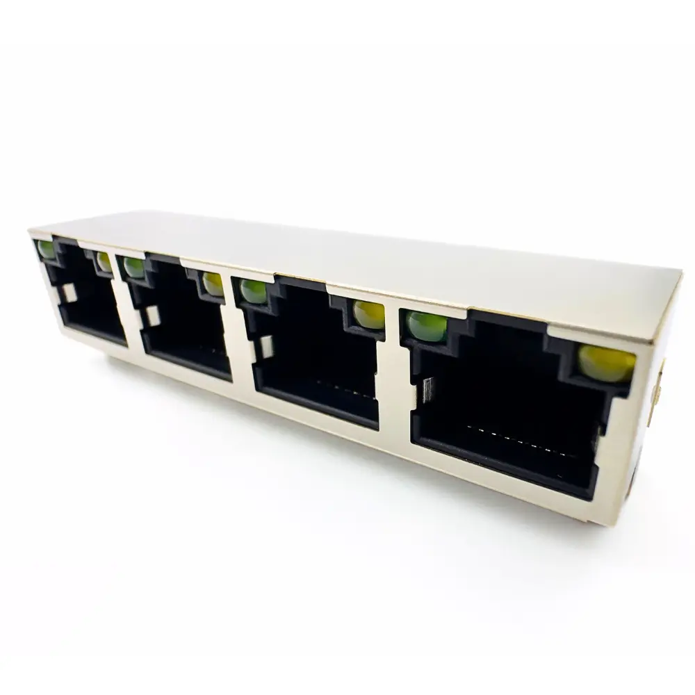 1×4 Multi-Port RJ45 Connectors,THT,Shielded,W/LED,8P8C R/A,Low profile