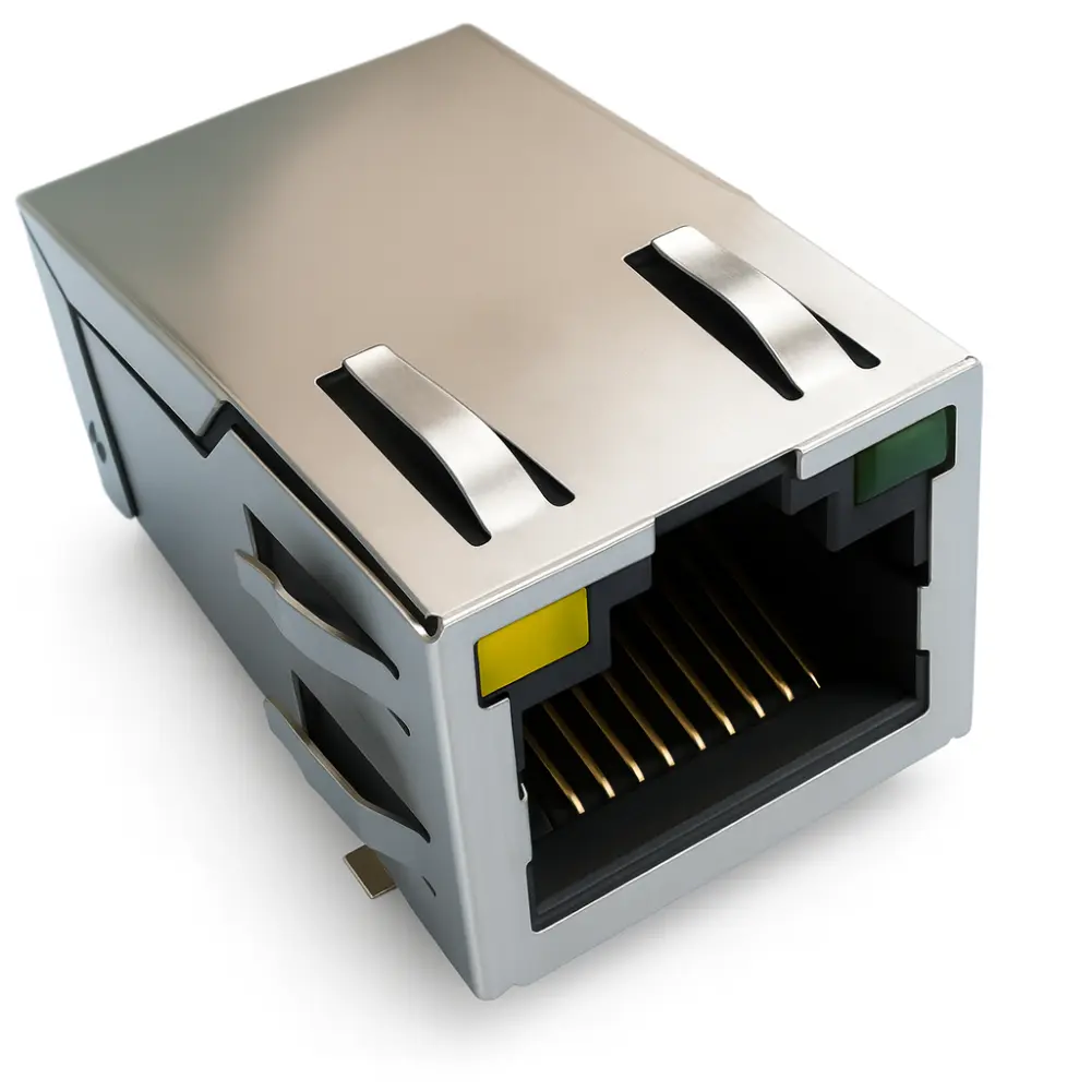 Magnetic RJ45 Jack 10/100 SMT | 1x1 Port, Shielded with EMI, With LED (Yellow and Green), Tab-Up, 8P10C, Right angle DW-RJ45-SM01203-01TP-04