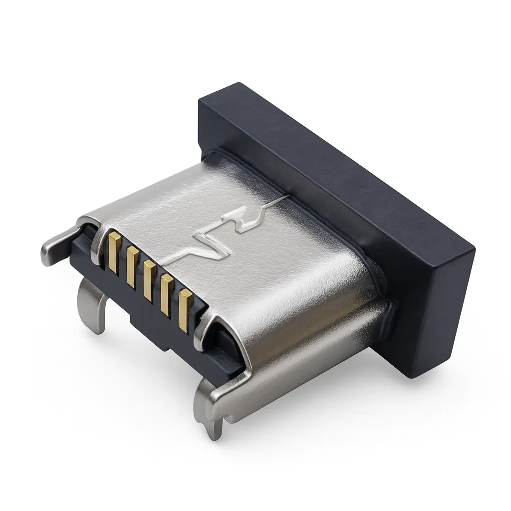 Micro USB Type B Receptacle – Durable Right-Angle SMT, 5-Pin, Hybrid Shield Stakes