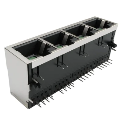 1x4 Port RJ45 connectors | Shielded, THT, Tab-Down, with LEDs DW-RJ45-114A0420