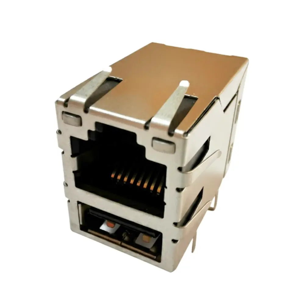 Magnetic RJ45 100BASE with USB Dual-Port Stacked Connector