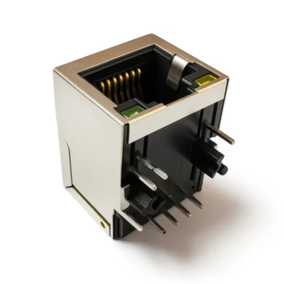 RJ45 Jack with Magnetics, 1×1 Tab-Down, 10/100BASE-T, Shielded, LED