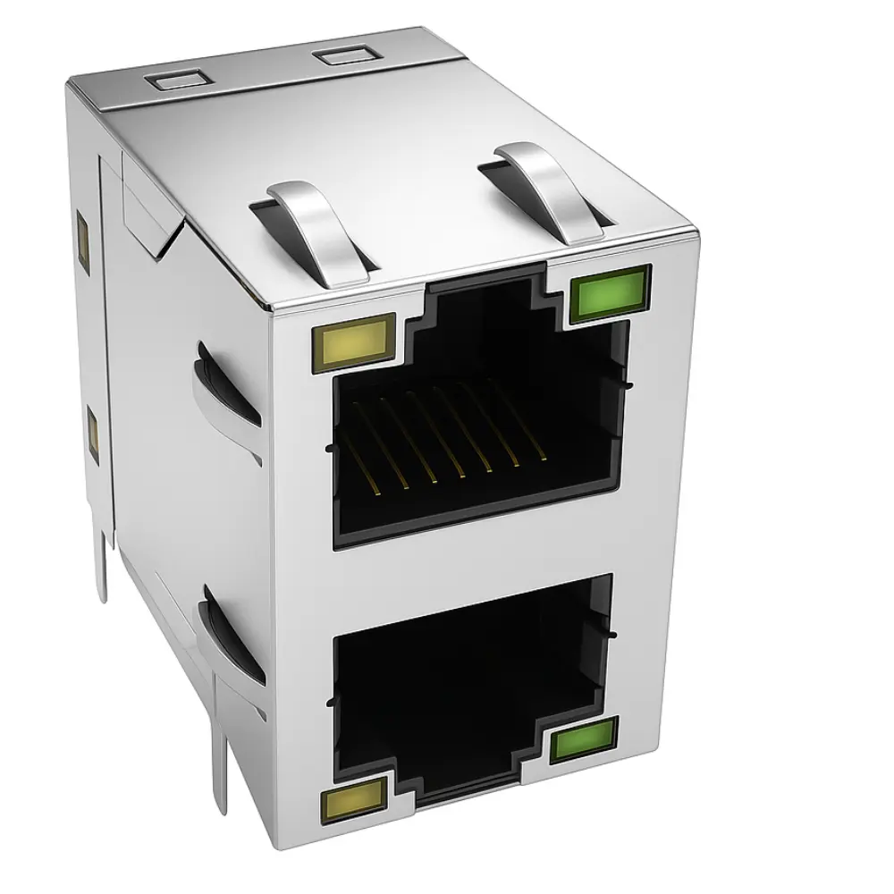 Modular RJ45 Multi-Port Stacked with LEDs, 10/100BASE, DIP (DW-RJ45-DM0261) Modular RJ45 Multi-Port Stacked with LEDs, 10/100BASE, DIP (DW-RJ45-DM0261)