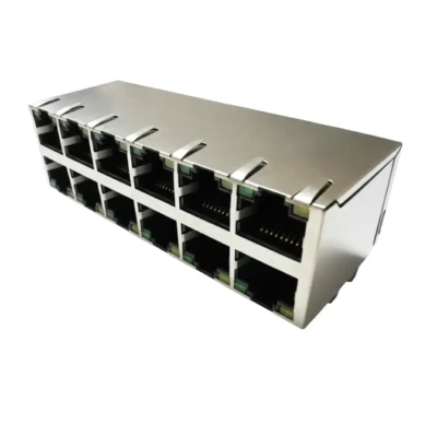 Stacked 2×6 Port DIP Modular RJ45 Jack, Tab-Down 8P8C Shielded with LEDs (DW-RJ45-D0012K13-XXTP-XX-X-X)