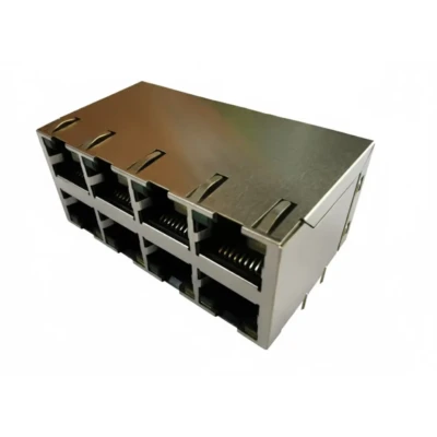Stacked Quad-Port DIP Type Modular RJ45 Jack 2×4 Tab-Down with LED (DW-RJ45-D00825-01TP-02-2)