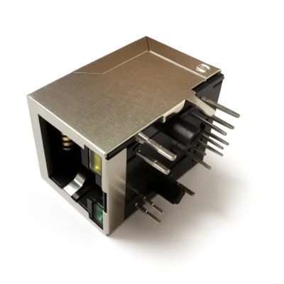 Magnetic RJ45 Jack, 1×1 Tab-Down, 100BASE-T, Shielded DIP with LEDs