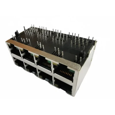 Stacked Quad-Port DIP Type Modular RJ45 Jack 2×4 Tab-Down with LED (DW-RJ45-D00825-01TP-02-2)