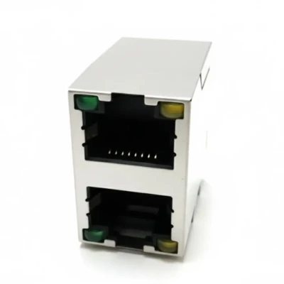 Stacked Dual-Port Modular RJ45 Jack 2×1 DIP Type with LED — DW-RJ45-D00227-01TP-01