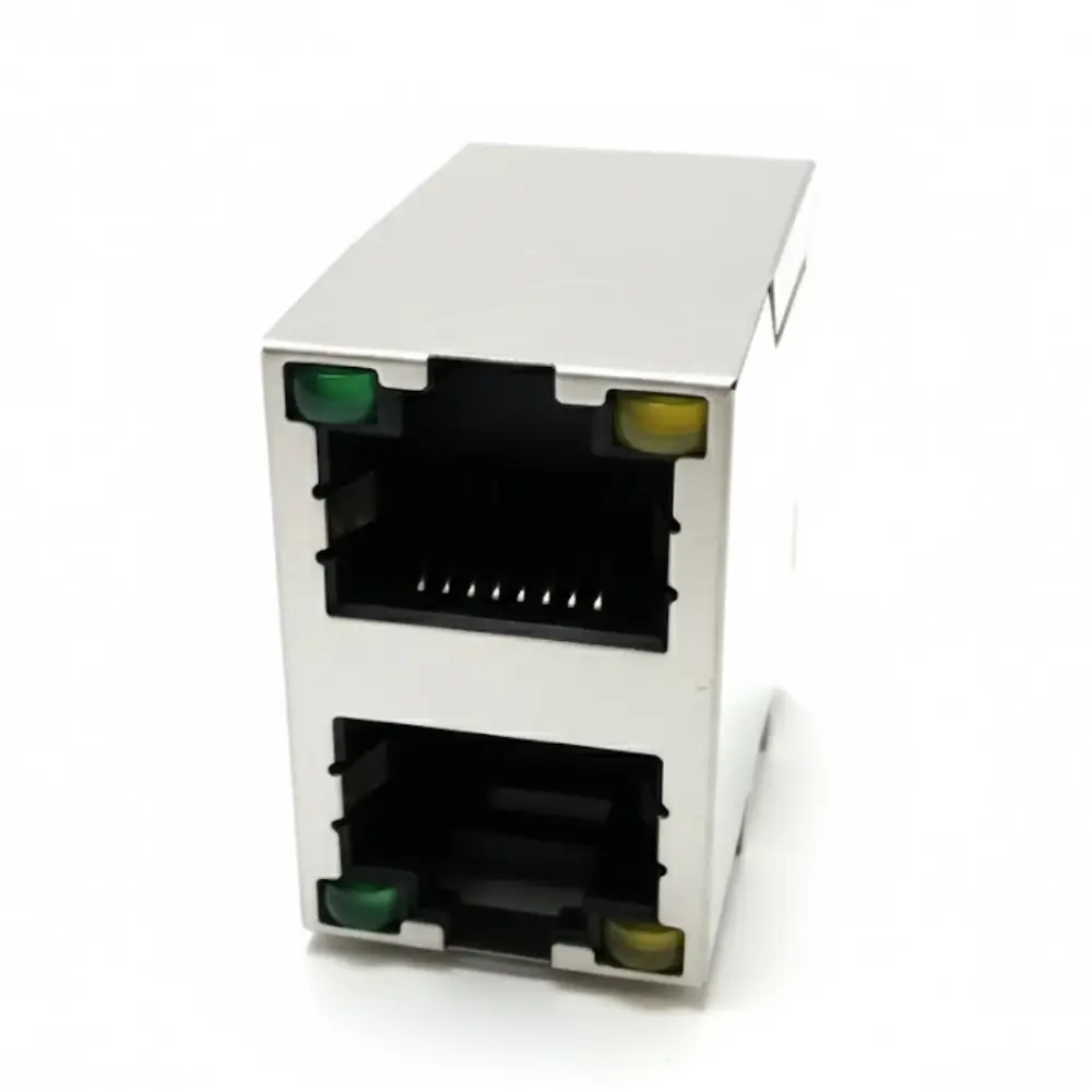 Stacked Dual-Port Modular RJ45 Jack 2×1 DIP Type with LED — DW-RJ45-D00227-01TP-01 Stacked Dual-Port Modular RJ45 Jack 2×1 DIP Type with LED — DW-RJ45-D00227-01TP-01