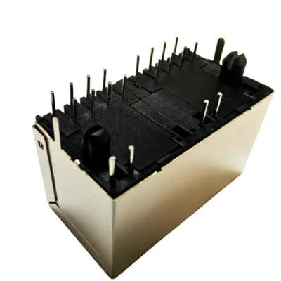 Dual-Port Modular RJ45 Jack 1×2 Tab-Down DIP Type with LED — DW-RJ45-D00256-XXTP-05