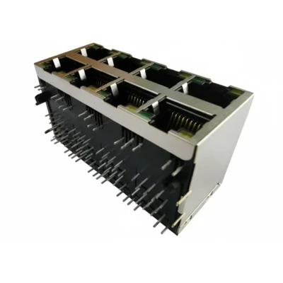 Stacked Quad-Port DIP Type Modular RJ45 Jack 2×4 Tab-Down with LED (DW-RJ45-D00825-01TP-02-2)