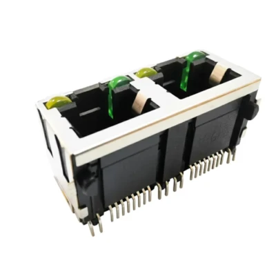 Dual-Port Modular RJ45 Jack 1×2 Tab-Down with LED & EMI Shield — DW-RJ45-S00281-XXTR-XX-2