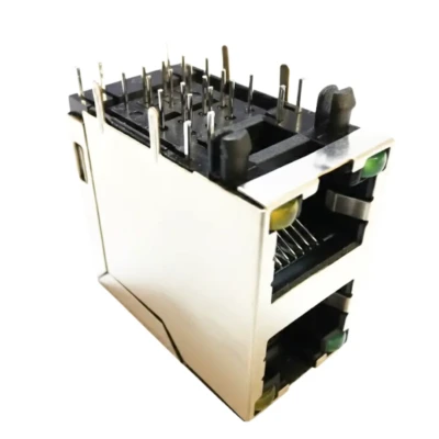 Stacked Dual-Port Modular RJ45 Jack 2×1 DIP Type with LED — DW-RJ45-D00227-01TP-01