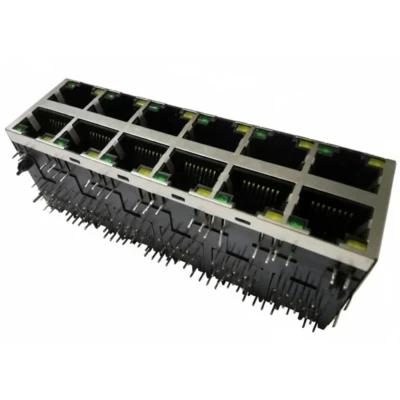 Stacked 2×6 Port DIP Modular RJ45 Jack, Tab-Down 8P8C Shielded with LEDs (DW-RJ45-D0012K13-XXTP-XX-X-X)