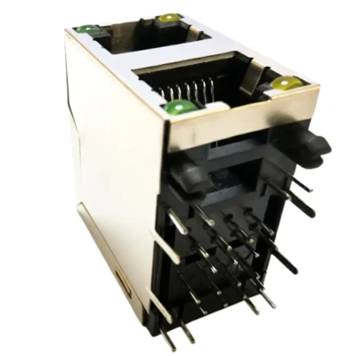 Stacked Dual-Port Modular RJ45 Jack 2×1 DIP Type with LED — DW-RJ45-D00227-01TP-01