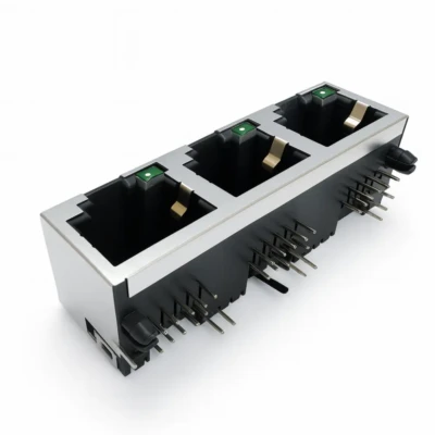 RJ45 1×3 Shielded Modular Jack – Industrial-Grade Tab-Up DIP with LEDs