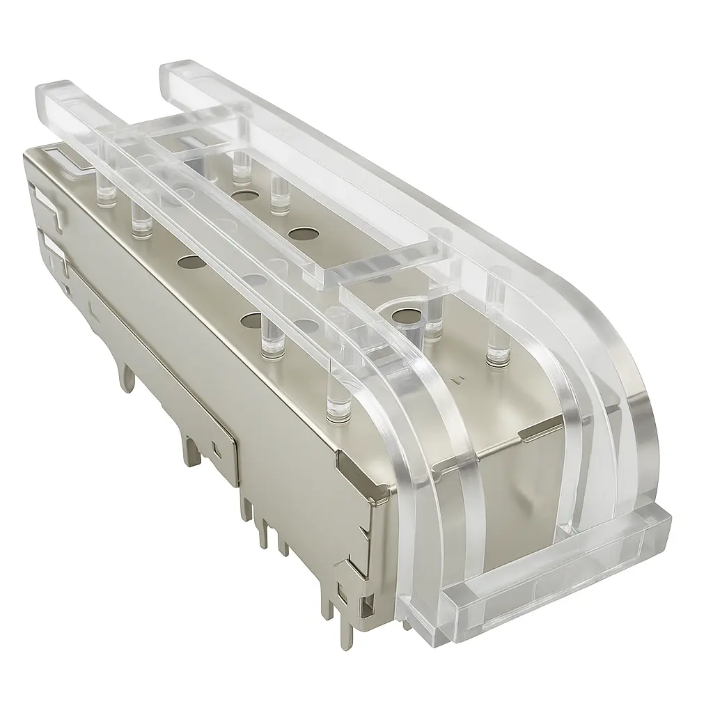 SFP+ Cage 1x1 – High-Speed Thru-Hole, EMI-Shielded, with Light Pipe
