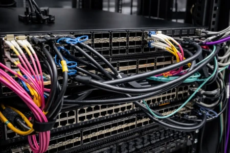 network switch cable management with colorful Ethernet patch cables