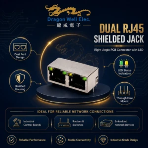 Dual RJ45 shielded jack for reliable PCB network connections by Dragon Well Electronics