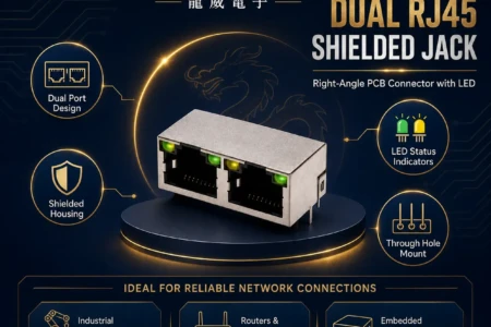 Dual RJ45 shielded jack for reliable PCB network connections by Dragon Well Electronics